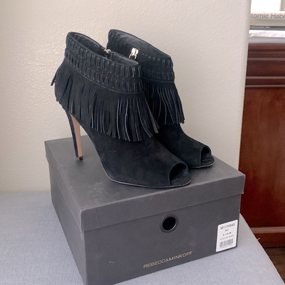 Rebecca Minkoff black suede fringe booties